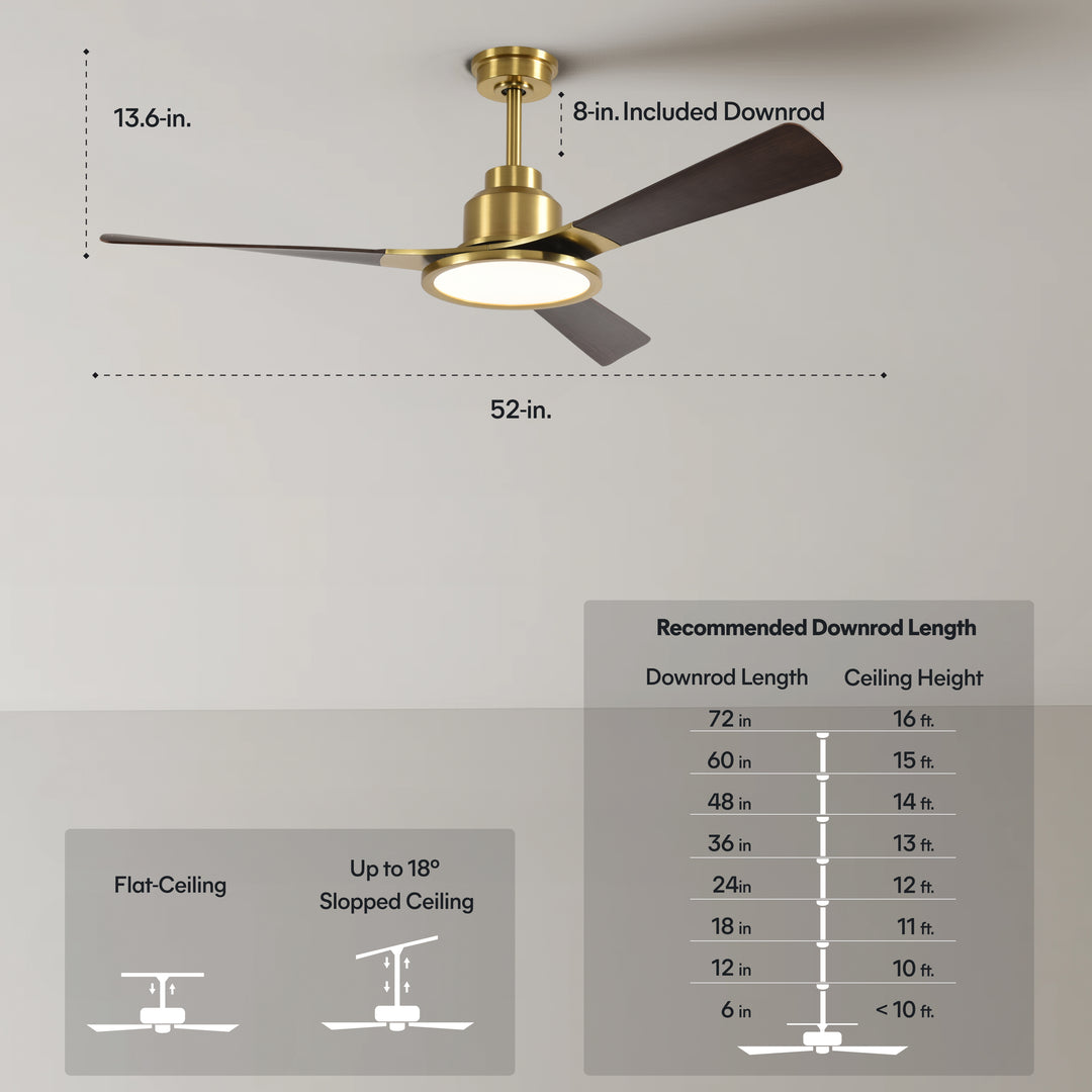 Trinity 52 in Matter Smart Ceiling Fan with Light in Matte Champagne / Dark Bronze — dimensions, downrod and sloped-ceiling fit