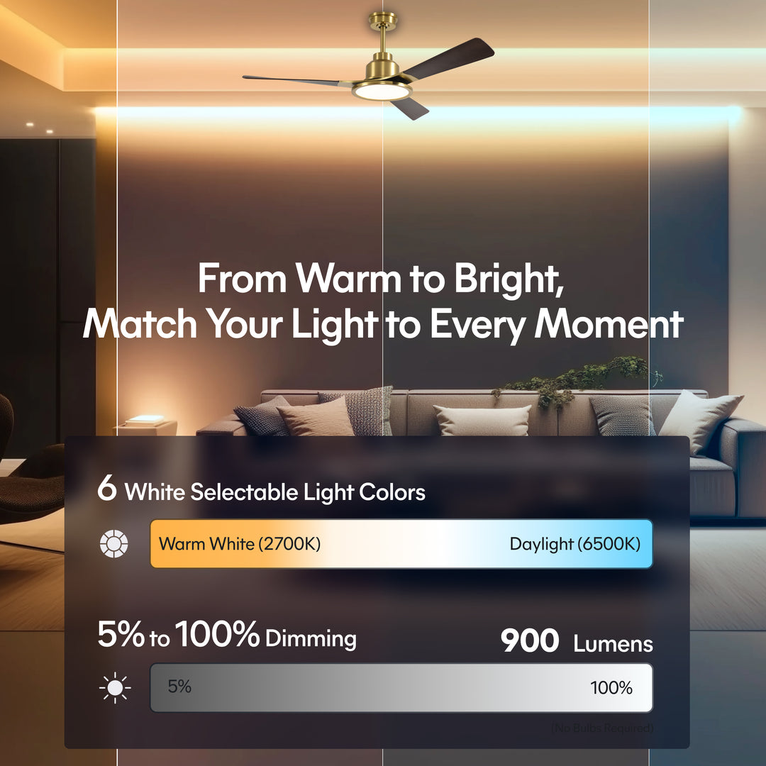 Trinity 52 in Matter Smart Ceiling Fan with Light in Matte Champagne / Dark Bronze — lighting, colour temperature and lumens