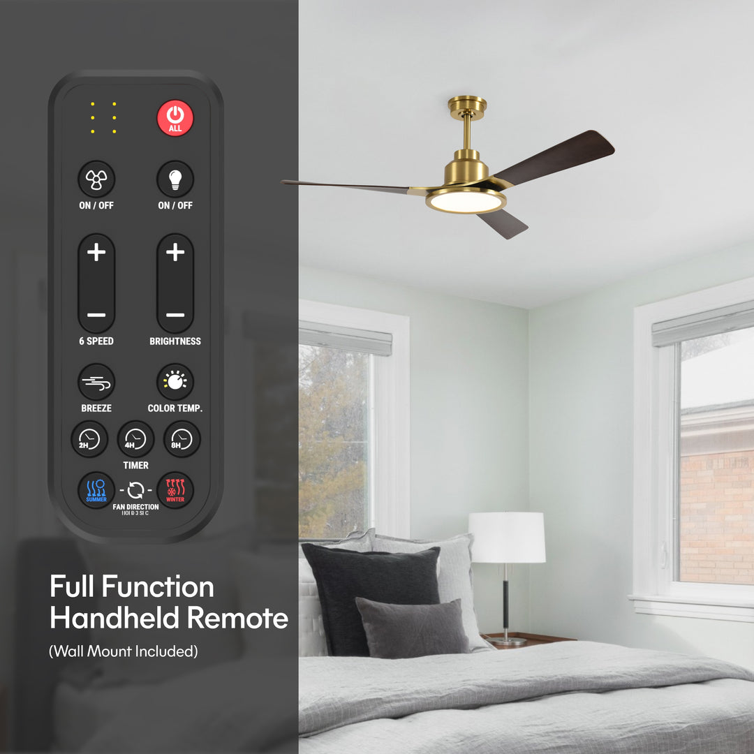 Trinity 52 in Matter Smart Ceiling Fan with Light in Matte Champagne / Dark Bronze — remote, control and pull chain