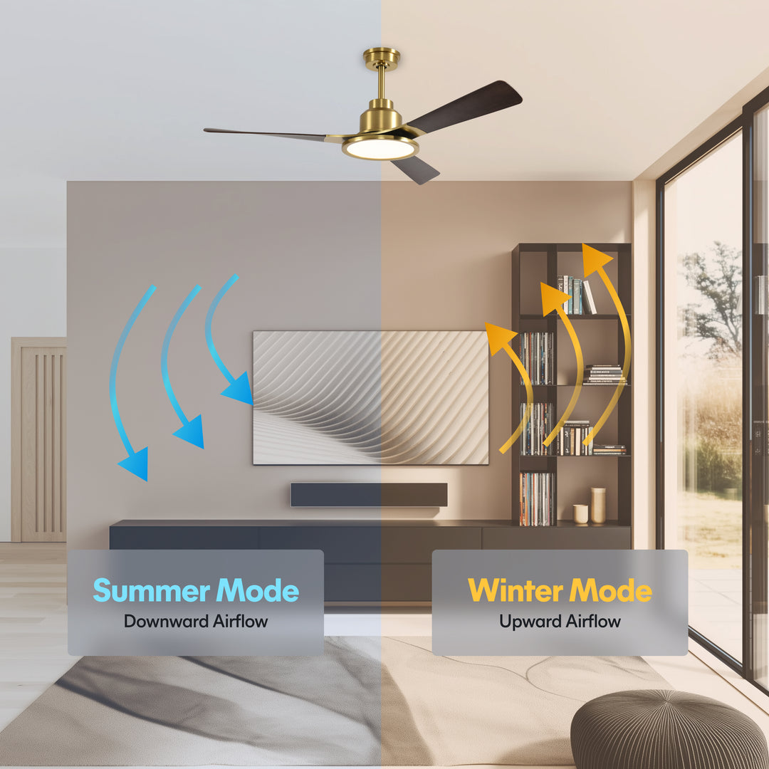 Trinity 52 in Matter Smart Ceiling Fan with Light in Matte Champagne / Dark Bronze — reversible summer and winter modes