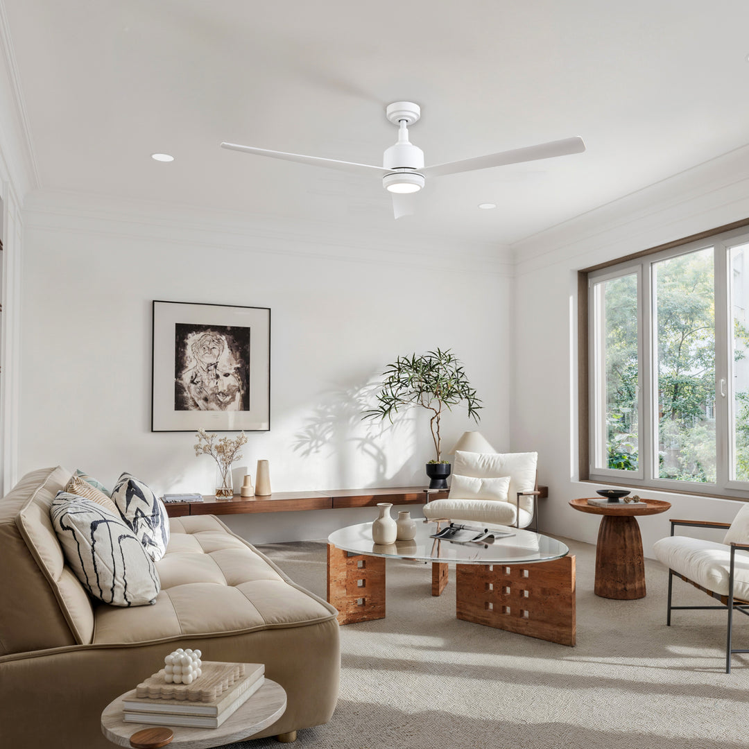 Troy 60 in Covered Outdoor Ceiling Fan with Light in Matte White — in-room lifestyle view
