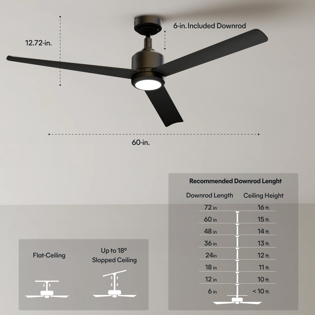 Troy 60 in Covered Outdoor Ceiling Fan with Light in Matte Black — dimensions, downrod and sloped-ceiling fit