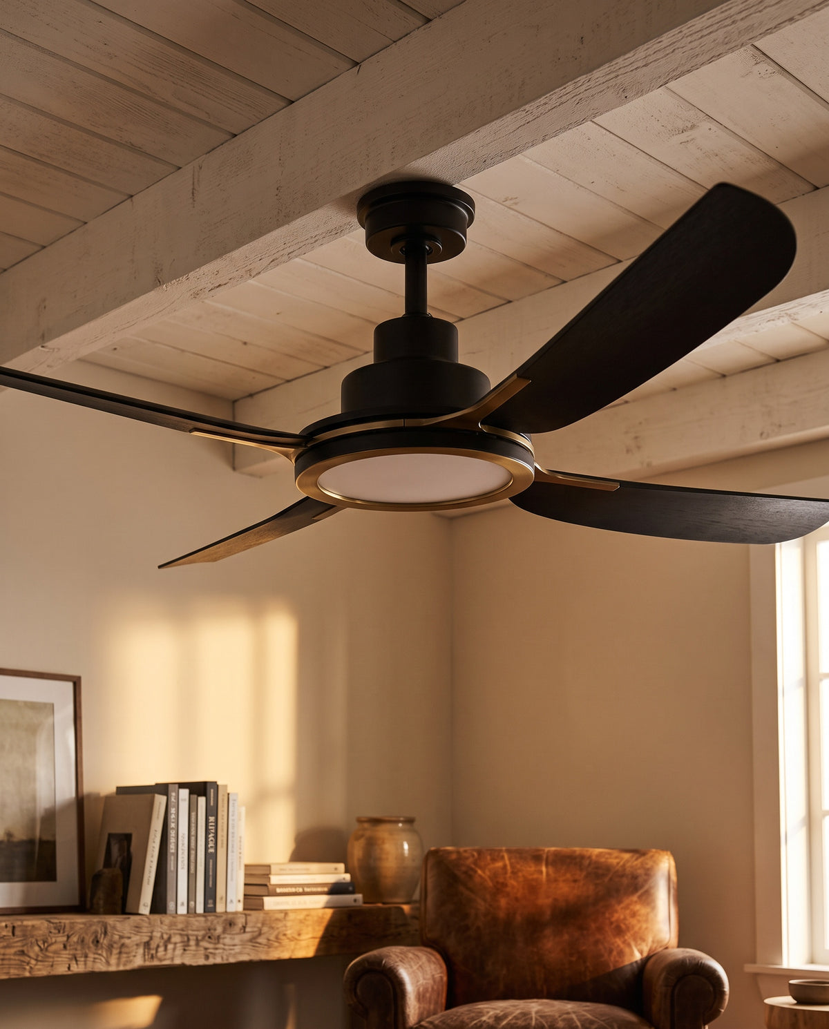 Altitude sakai 56 in ceiling fan with brass accents and dark wood blades, seen from below