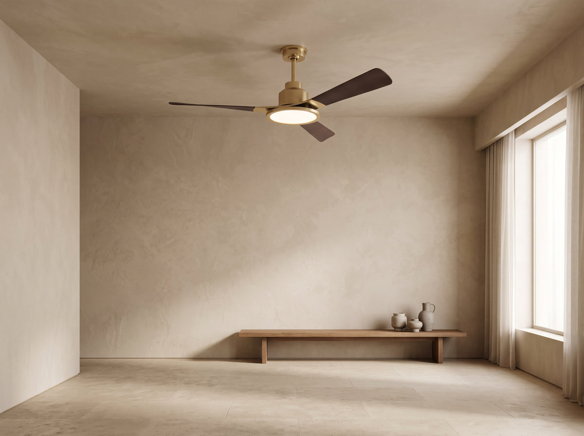 Altitude trinity 52 in champagne and dark wood ceiling fan in a calm minimal room