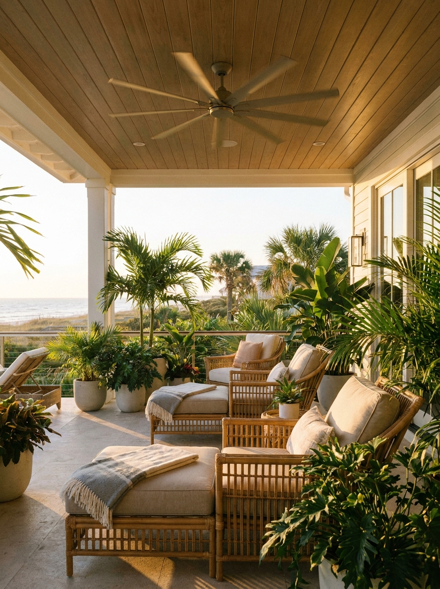 Covered outdoor patio with a damp-rated ceiling fan