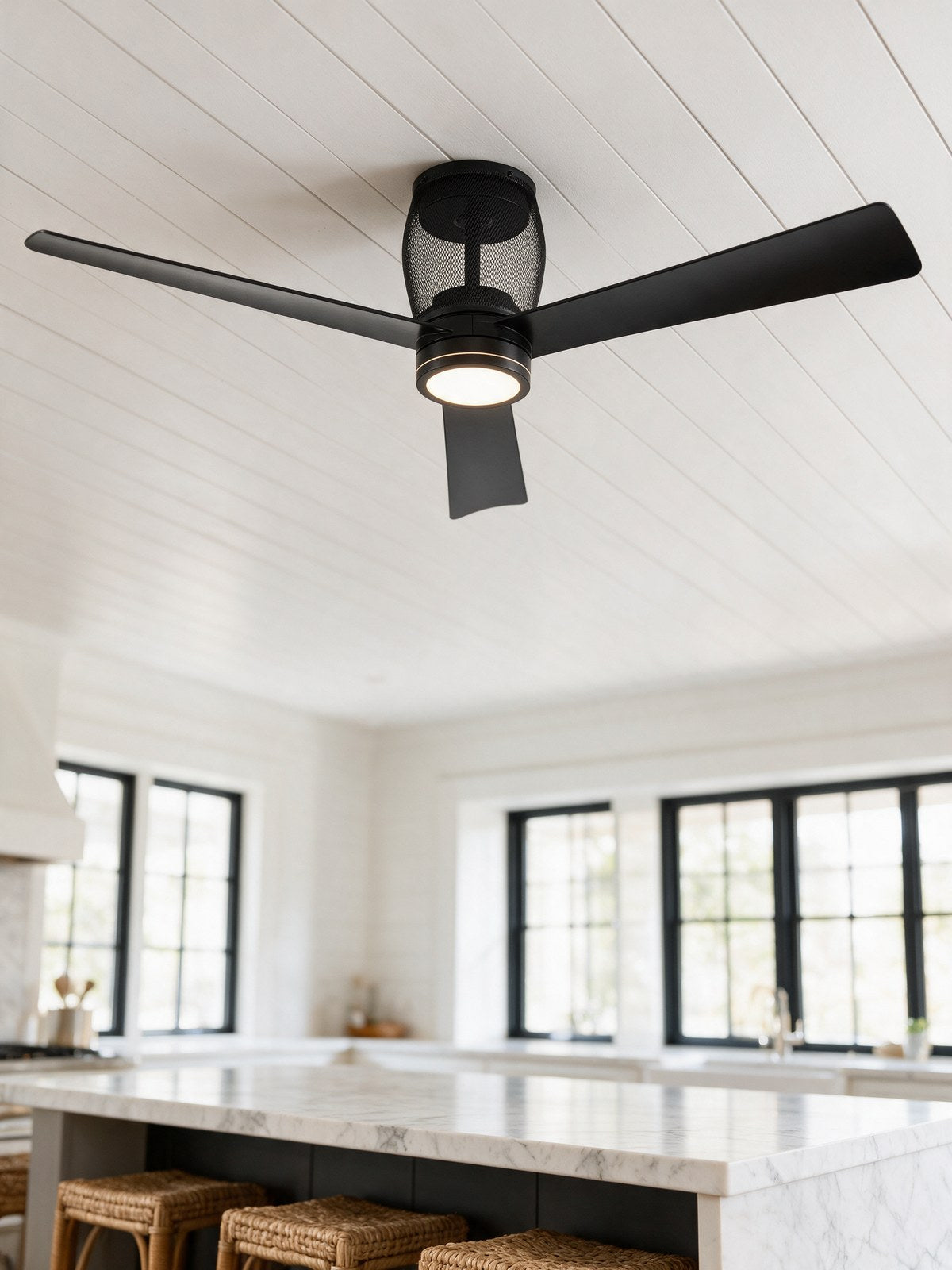 Moxy caged ceiling fan in a farmhouse kitchen
