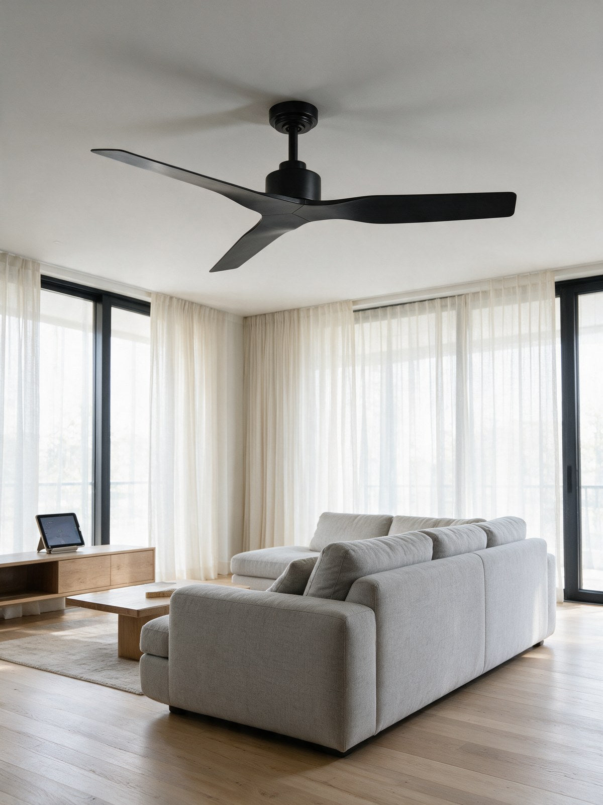 Skylark smart ceiling fan in a modern living room