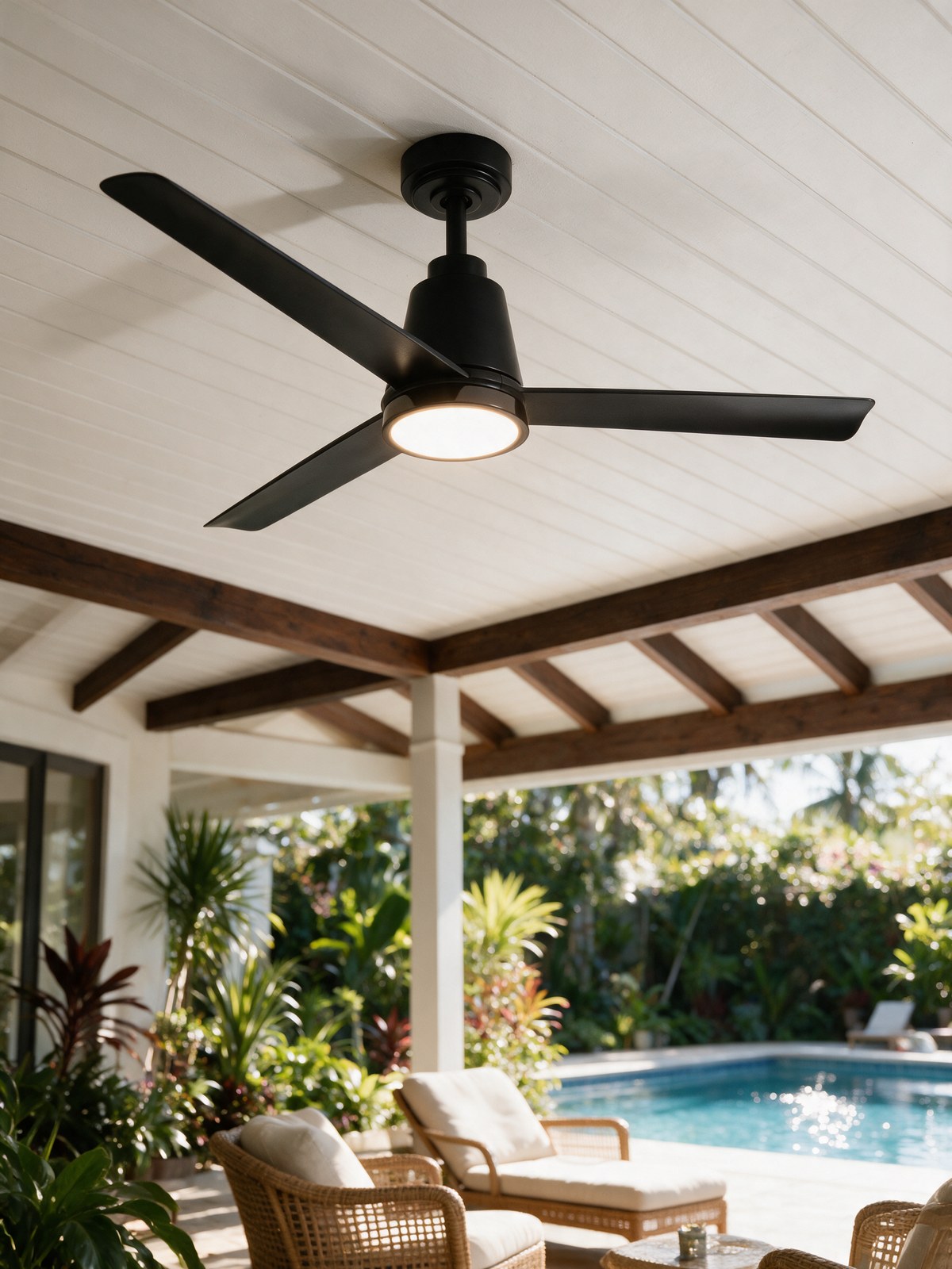 Solo ceiling fan on a covered outdoor lanai