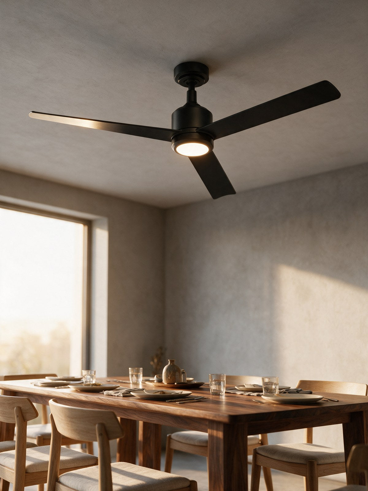 Troy ceiling fan with light above a dining table